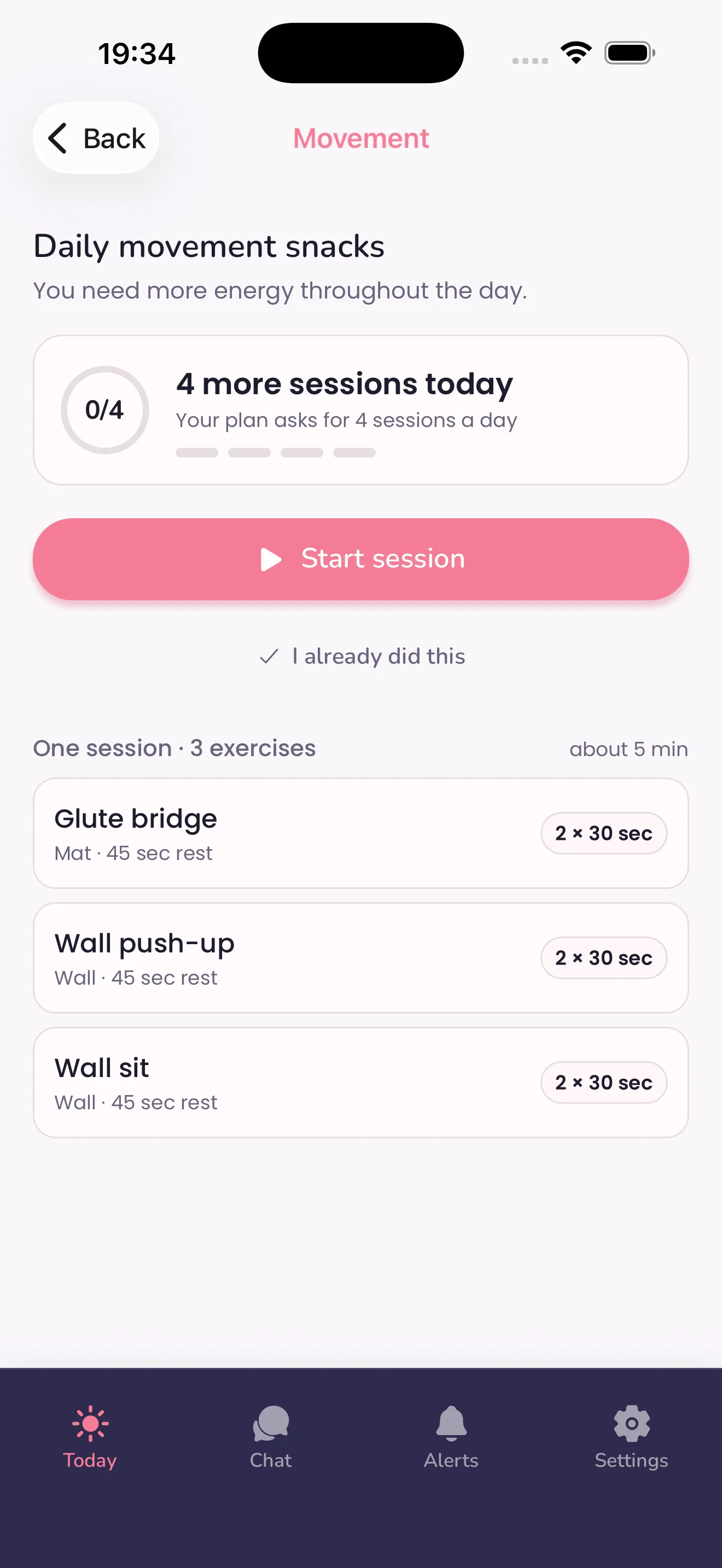 A movement session in the MenoLisa app: three exercises, about five minutes, with a start button