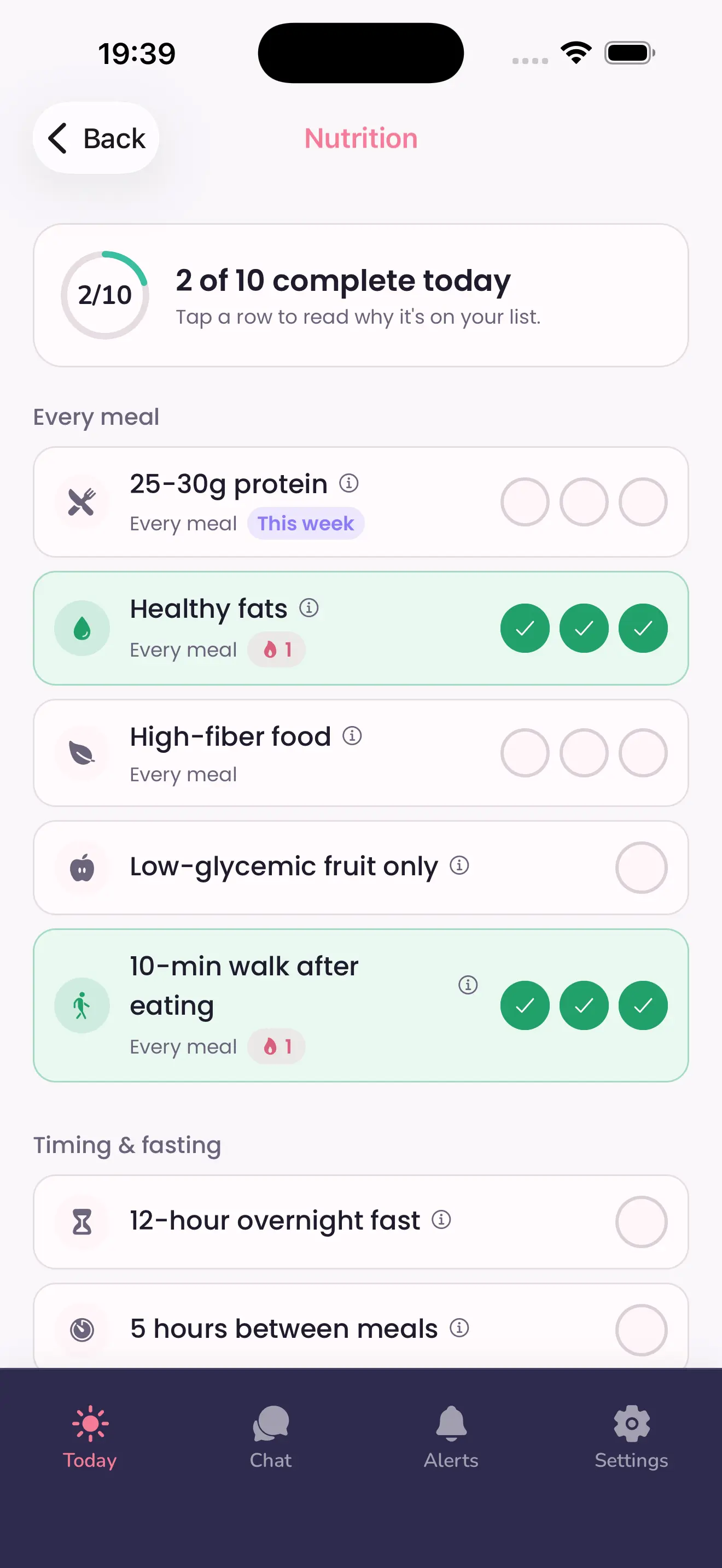 The nutrition list for today in the MenoLisa app, with each row explained